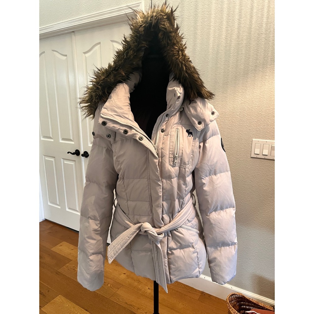 Abercrombie Fitch Down Puffer Jacket Womens L Off White Ex Faux Fur Belted
